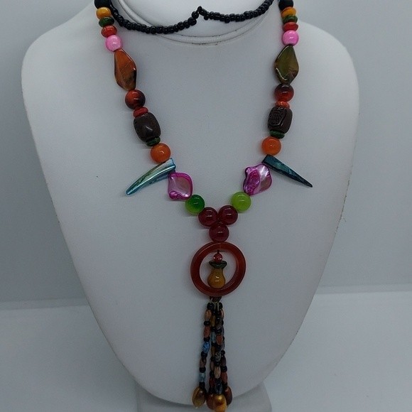 Bohemian Beaded Necklace Multi Color Shell Pendant Statement Chunky